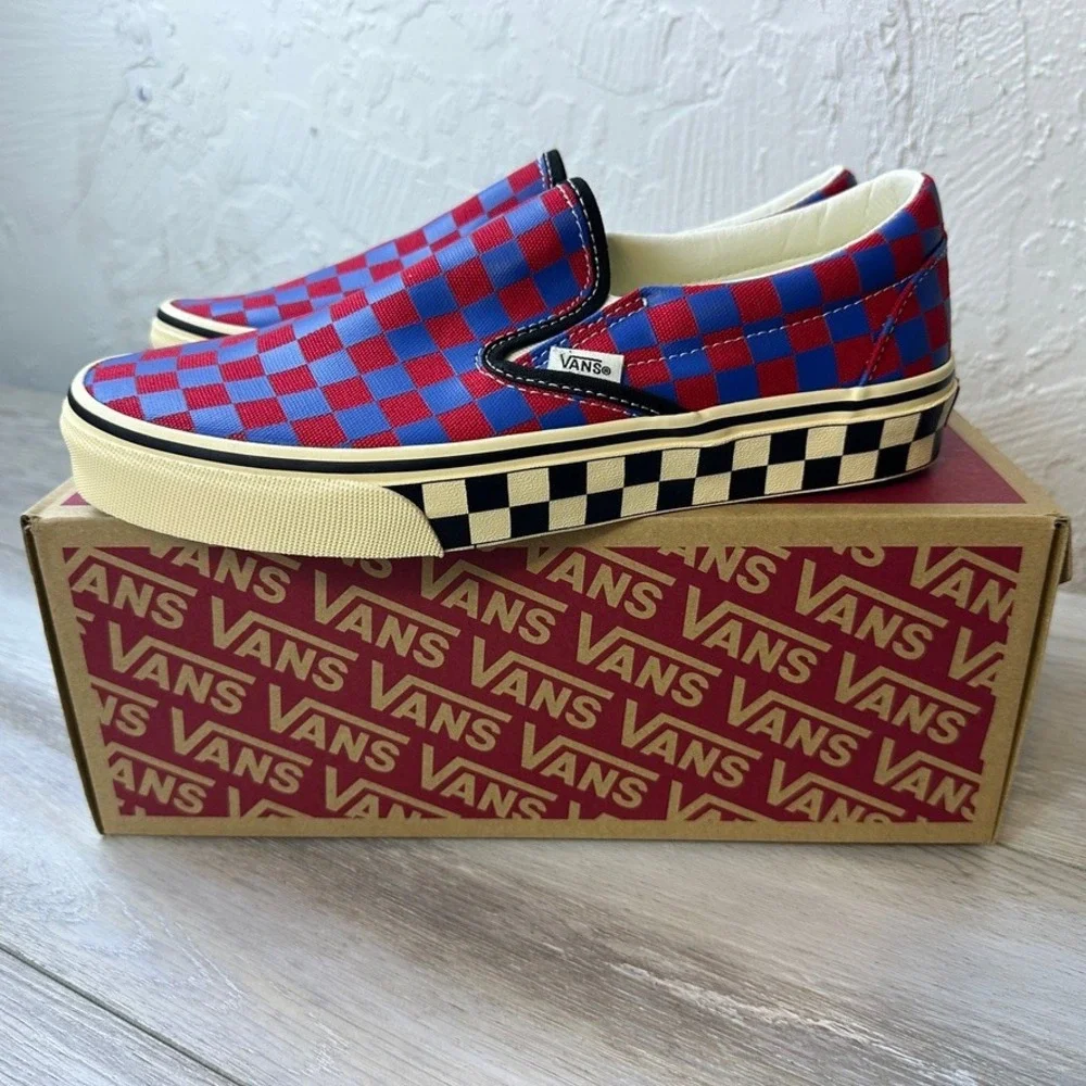 Vans Classic Slip-On Shoes Mens Size 8 Red Blue Canvas Checkerboard Skater NEW